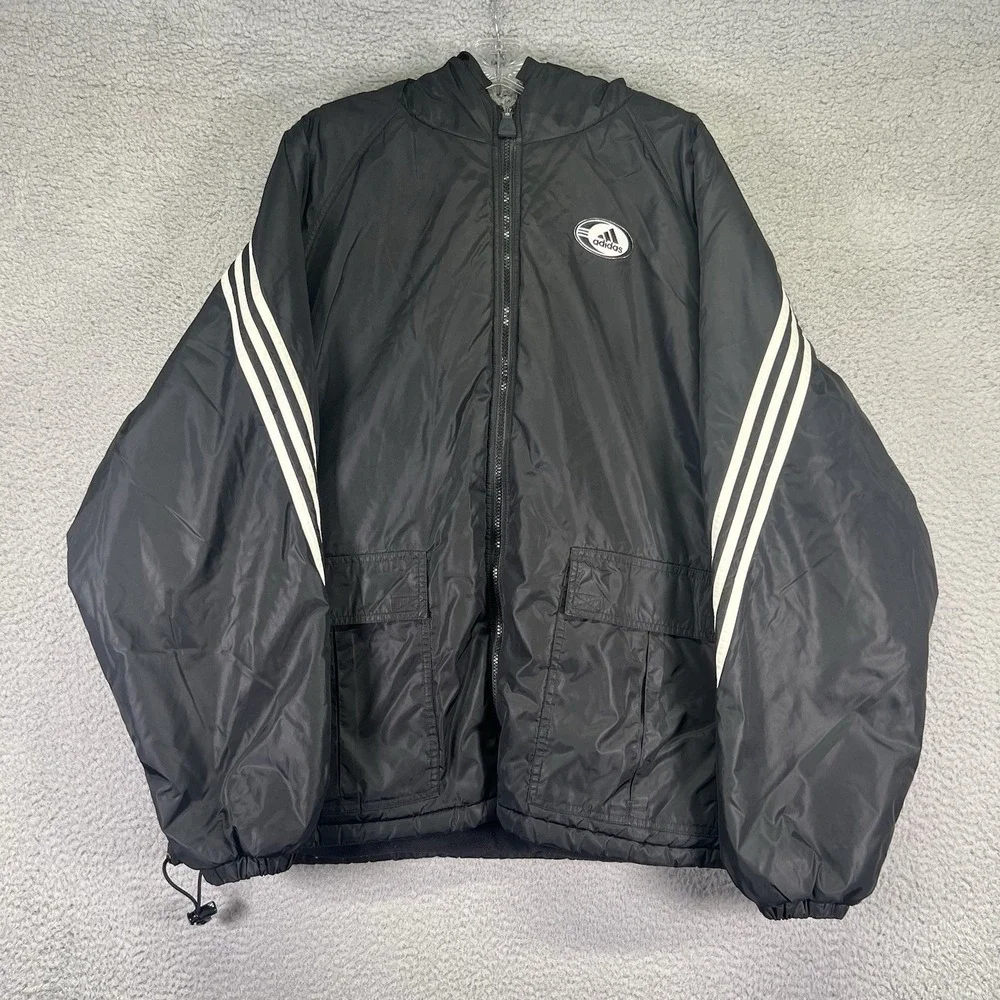 Vintage Adidas Jacket Mens Large Black Zip Hooded Reversible Fleece Windbreaker